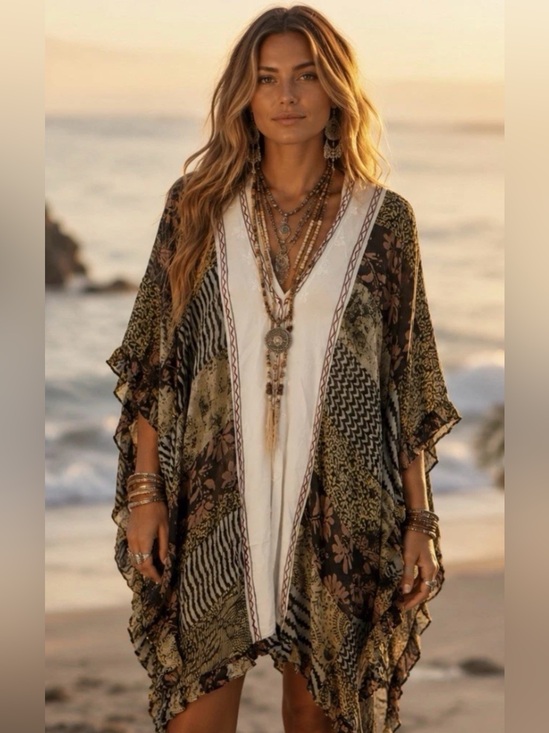 Young Threads Tops - 👗 H251 NWT Young Thread L ptp40 Boho Floral Patchwork kimono Poncho Top Green Bl